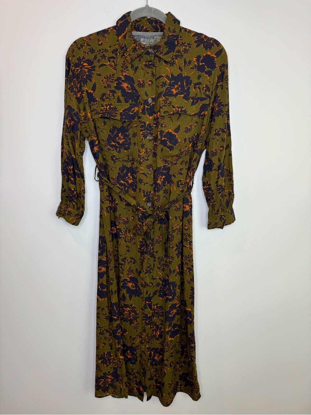 Primark Olive Green Midi Shirt Dress with dark Floral Print size 8